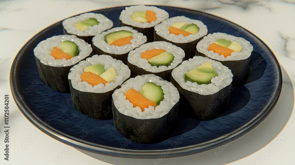 A plate of sushi rolls featuring cucumber, carrot, and avocado. A plate of sushi rolls featuring cucumber, carrot, and avocado.