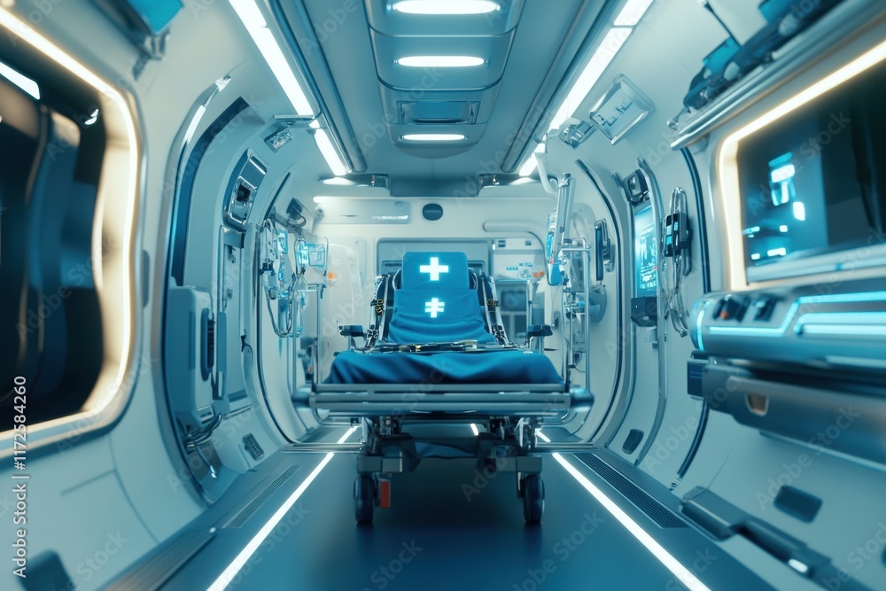 Fototapeta premium High-tech medical bay interior with emergency stretcher in futuristic design