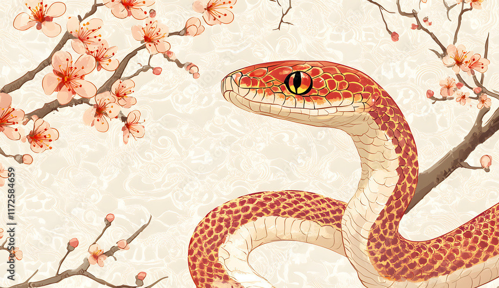 Obraz premium A cute, green, serpent-like floral pattern decorates the abstract background for Chinese New Year card