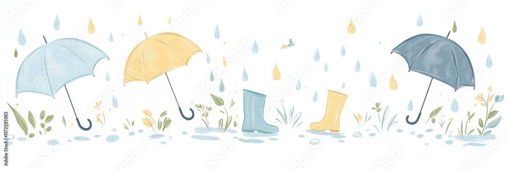 Fototapeta premium Colorful umbrellas and boots playfully arranged among raindrops and grass in a cheerful spring setting. Generative AI