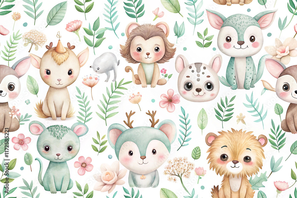 Naklejka premium Adorable watercolor animal seamless pattern.