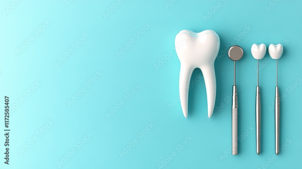 Dental Tools and Tooth Model on Blue Background for Oral Health Dental Tools and Tooth Model on Blue Background for Oral Health