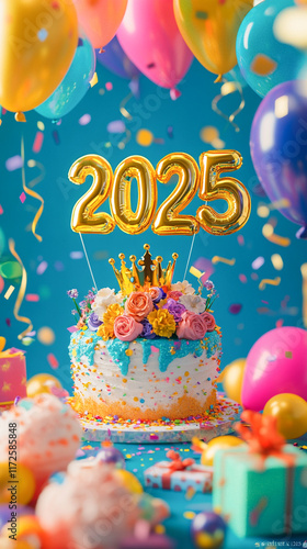 Happy Birthday 2025 Celebration Cake Balloons Gifts