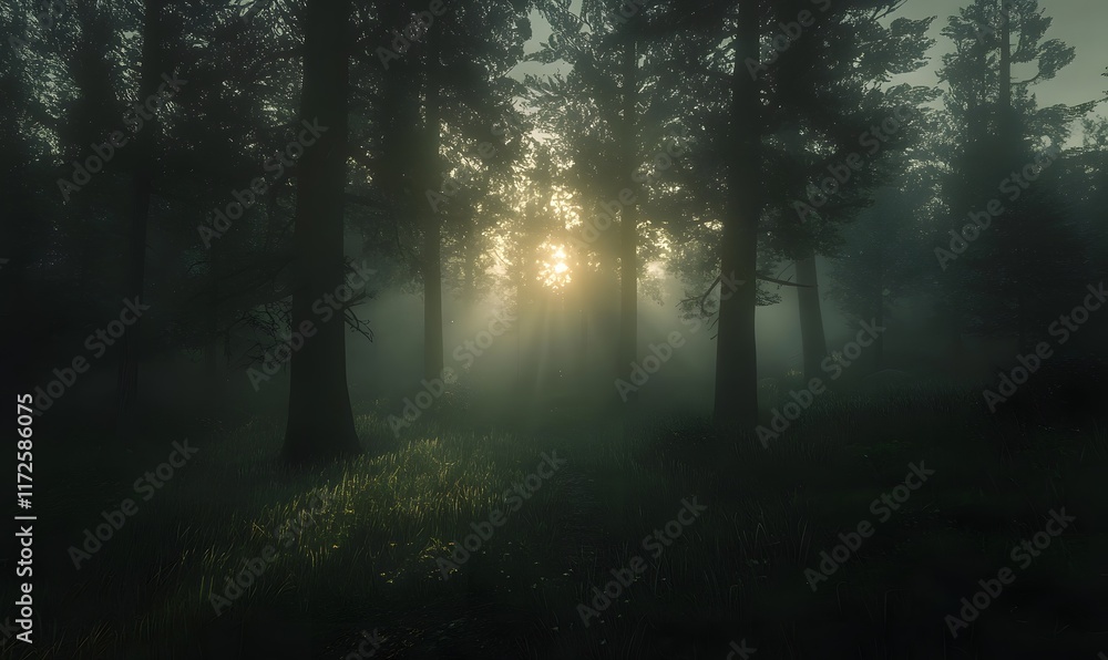 Fototapeta premium A quiet forest and the sun shrouded in mist at dawn, Generative AI 