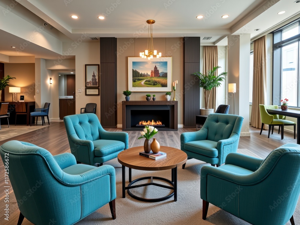 Luxurious Teal Armchairs Fireplace in Modern Lobby or Hotel Lounge Luxurious Teal Armchairs Fireplace in Modern Lobby or Hotel Lounge