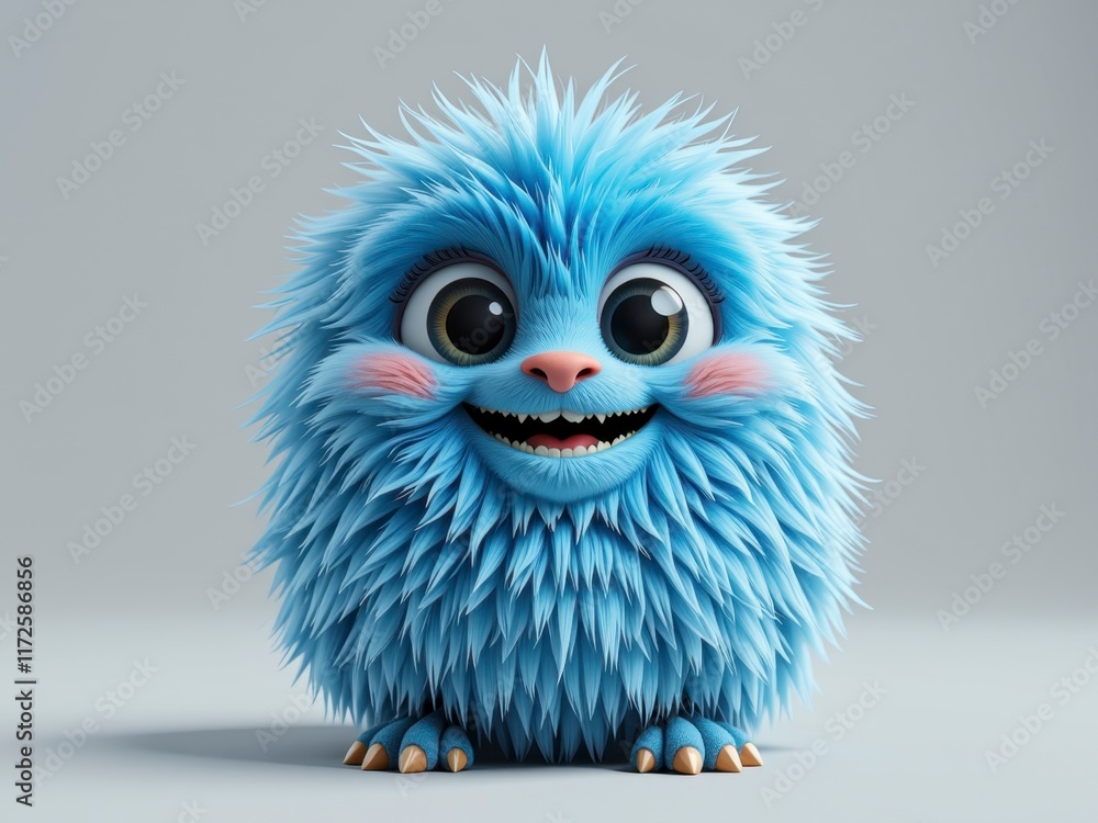 Fototapeta premium Adorable 3D Render of a Fluffy Blue Cartoon Monster Happy Expression Cute Character