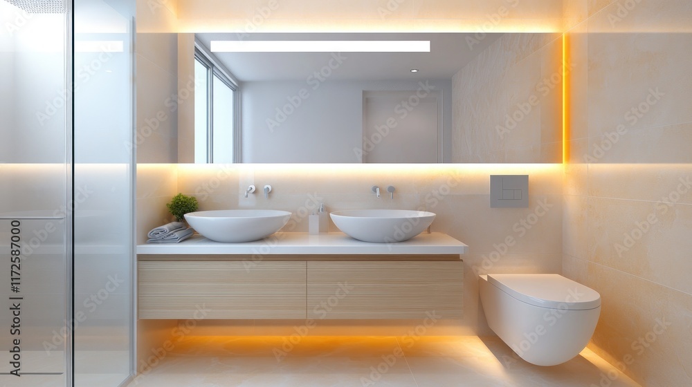 Modern bathroom design featuring dual sinks and elegant lighting. Modern bathroom design featuring dual sinks and elegant lighting.