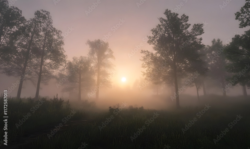 Naklejka premium A quiet forest and the sun shrouded in mist at dawn, Generative AI 