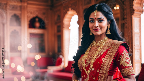 Bellissima giovane donna indiana con capelli neri e lunghi vestita in abiti tradizionali in un palazzo in India photo