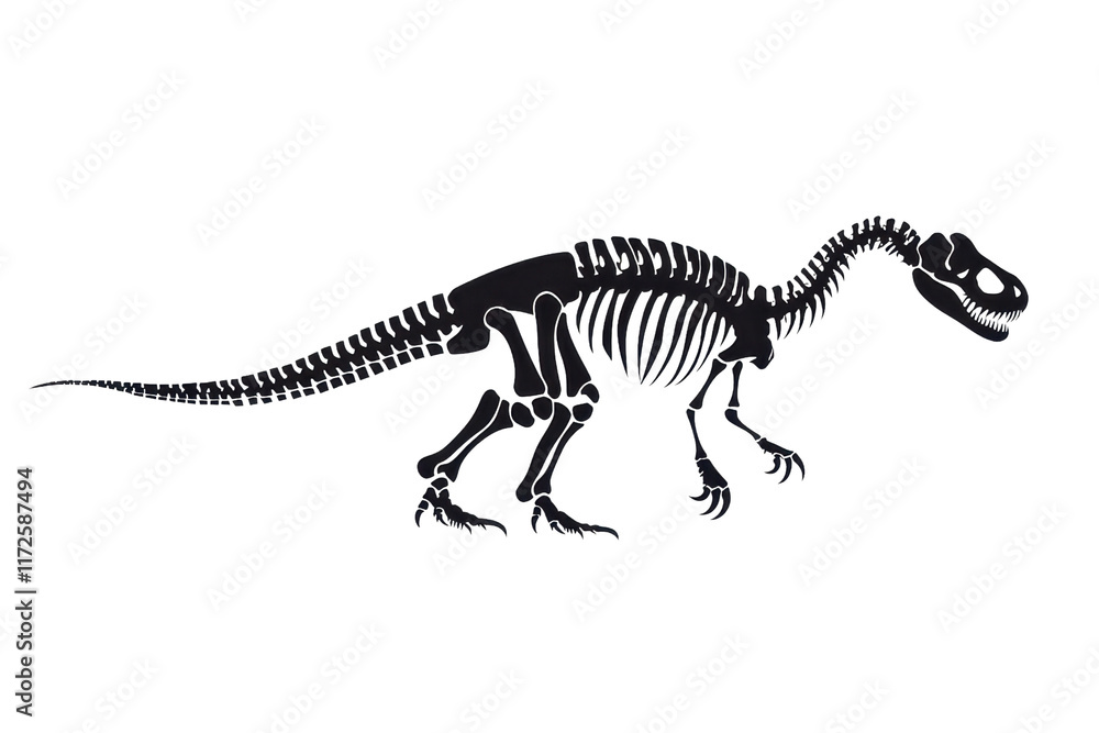 A detailed dinosaur skeleton in a dynamic pose, showcasing its bones and structure. A detailed dinosaur skeleton in a dynamic pose, showcasing its bones and structure.