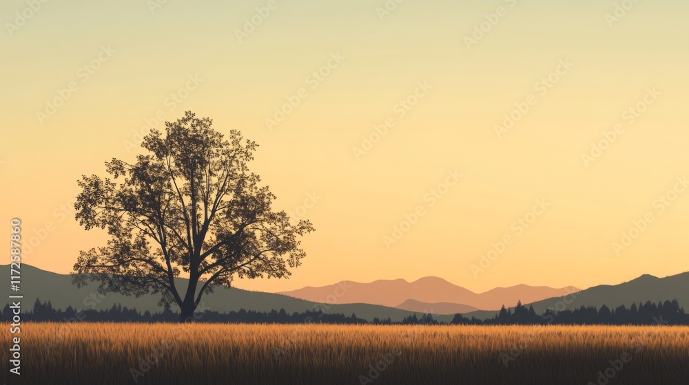 Solitary tree silhouetted against a sunset over a field and distant mountains. Solitary tree silhouetted against a sunset over a field and distant mountains.