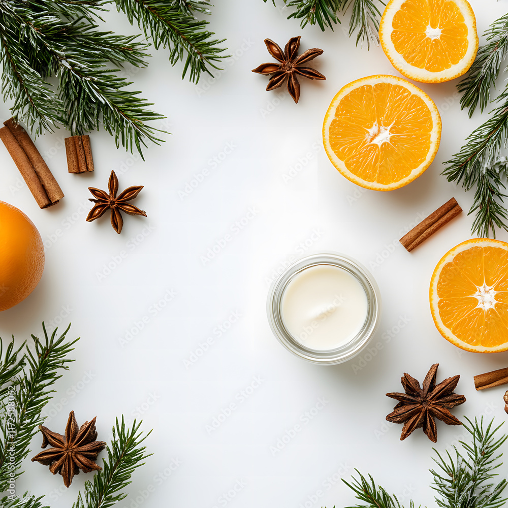 Christmas-themed flat lay featuring fresh oranges, apples, cinnamon sticks, star anise, frosted pine branches, holly, and milk. Perfect for holiday promotions, seasonal recipes, or festive designs. Christmas-themed flat lay featuring fresh oranges, apples, cinnamon sticks, star anise, frosted pine branches, holly, and milk. Perfect for holiday promotions, seasonal recipes, or festive designs.