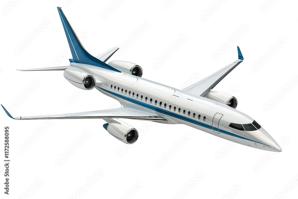 A sleek, modern airplane in a blue and white color scheme, showcasing its aerodynamic design and powerful engines. A sleek, modern airplane in a blue and white color scheme, showcasing its aerodynamic design and powerful engines.