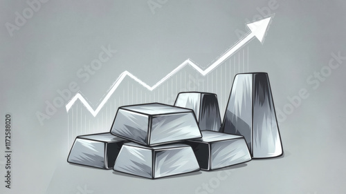Illustration of silver bars with a rising graph, symbolizing increasing silver prices, ideal for finance and investment concepts.