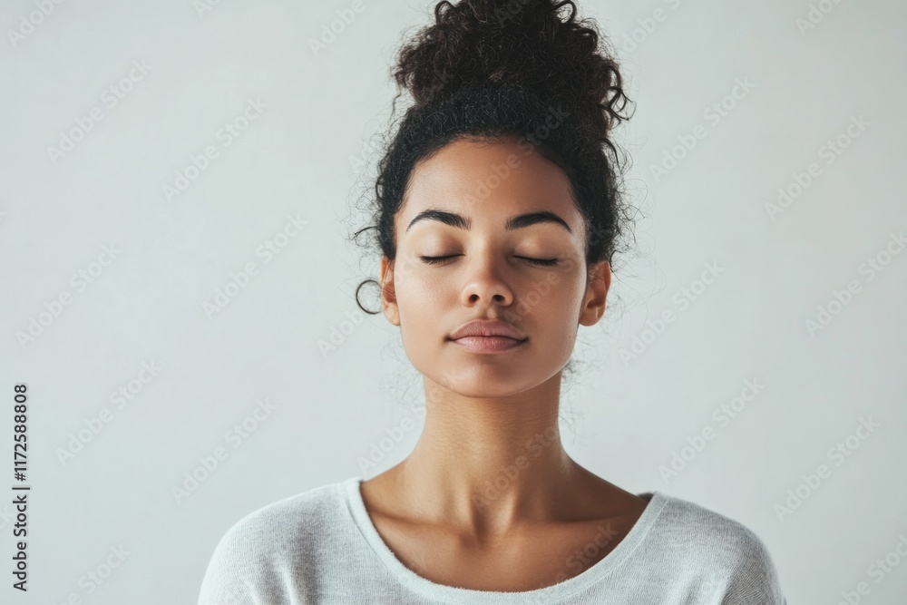 Calm woman with closed eyes exudes peace and serenity in minimal Calm woman with closed eyes exudes peace and serenity in minimal
