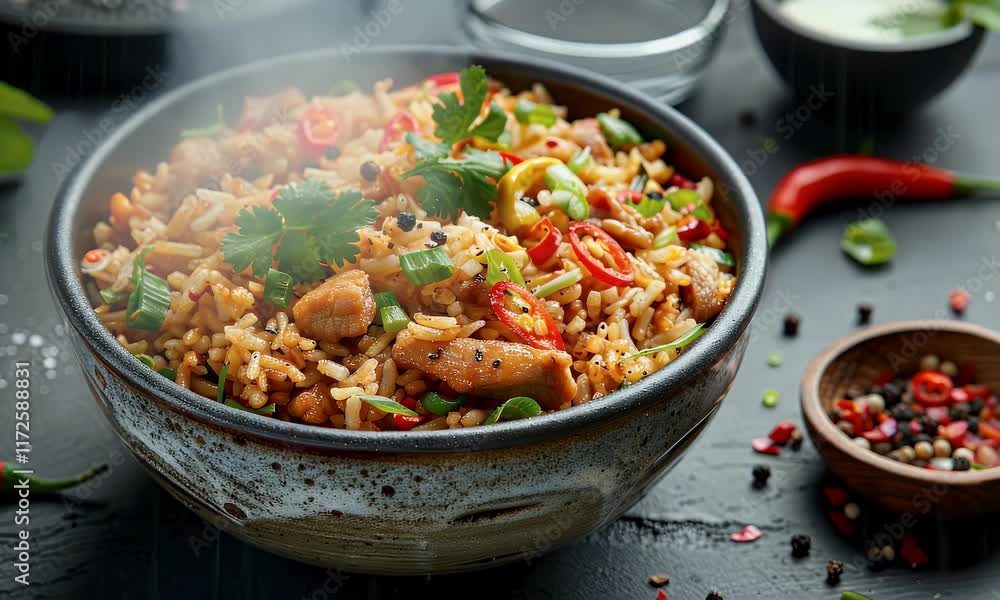 meat fried rice on a plate, warm food footage 4k meat fried rice on a plate, warm food footage 4k