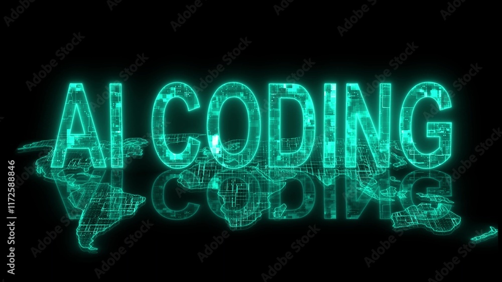 3d AI coding text technology earth map glowing cyan 3d AI coding text technology earth map glowing cyan