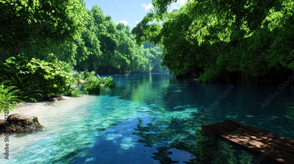 Naklejka premium Serene river scene surrounded by lush greenery and clear water.