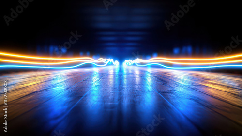 Illuminated optical fiber strands create dynamic light trails on dark floor