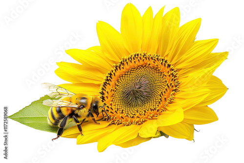 A vibrant yellow sunflower with a bee collecting nectar on its petals. photo