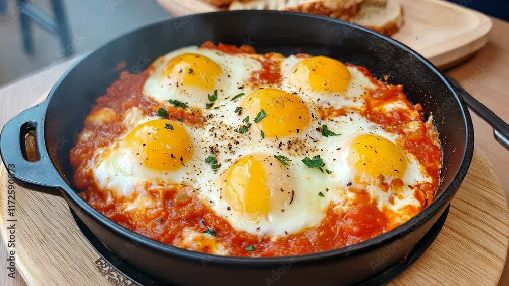 Delicious shakshuka with perfectly cooked eggs served in a cozy restaurant setting Delicious shakshuka with perfectly cooked eggs served in a cozy restaurant setting