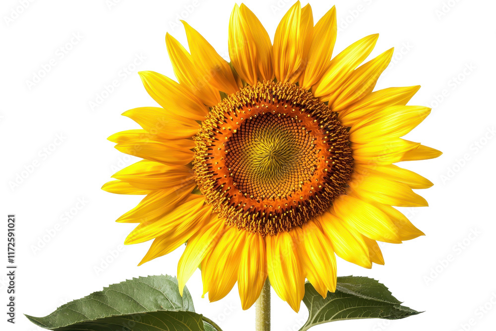 Obraz premium A vibrant sunflower with bright yellow petals and a textured brown center, complemented by green leaves.