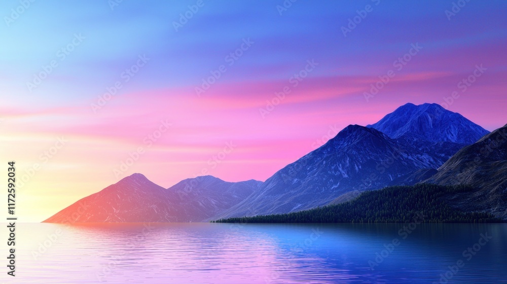 Serene landscape with mountains and a tranquil lake at sunset. Serene landscape with mountains and a tranquil lake at sunset.