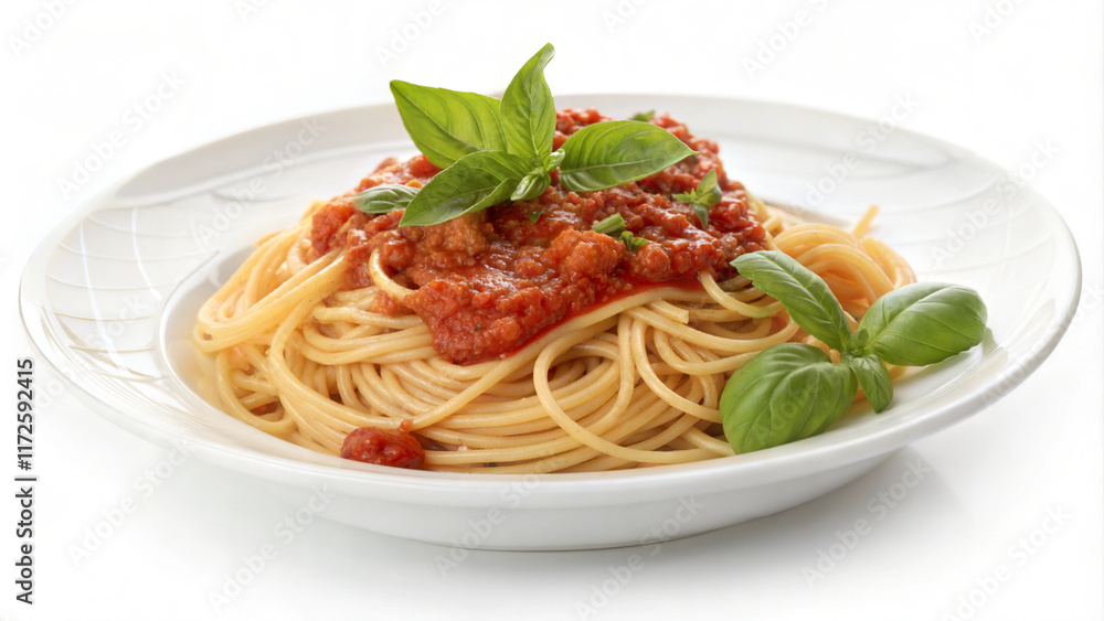 Spaghetti with Tomato Sauce and Fresh Basil - Tasty spaghetti topped with rich tomato sauce, garnished with vibrant fresh basil leaves, served on a white, elegant plate. Spaghetti with Tomato Sauce and Fresh Basil - Tasty spaghetti topped with rich tomato sauce, garnished with vibrant fresh basil leaves, served on a white, elegant plate.