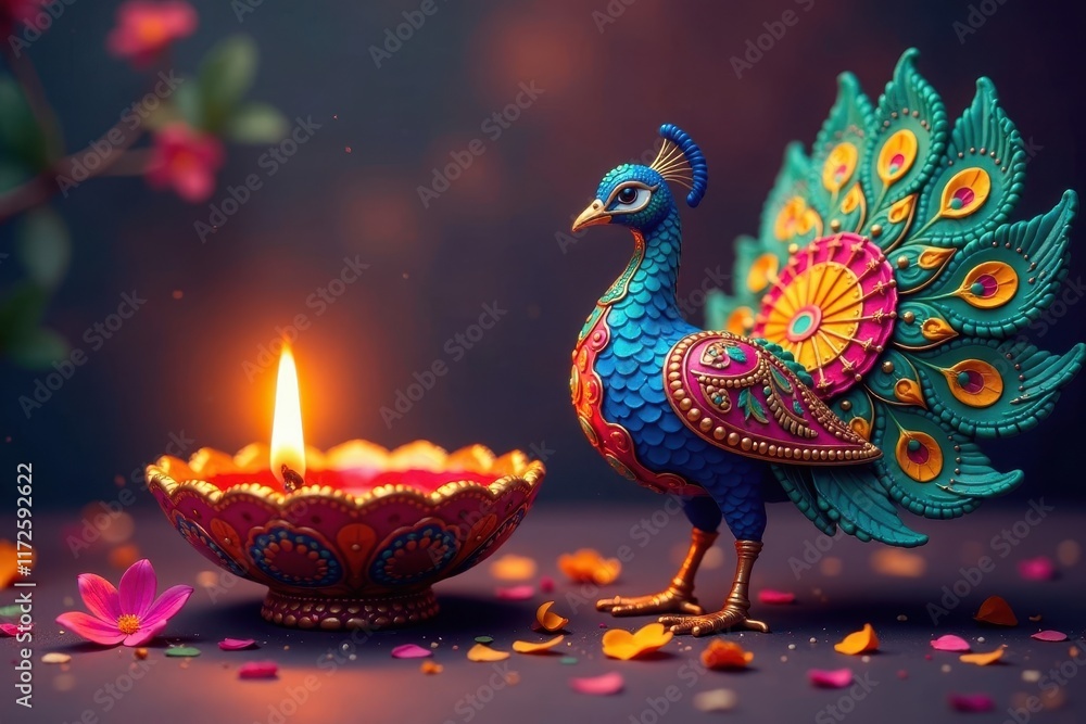 Obraz premium Ornate diya and vibrant peacock, Happy Diwali greeting , spiritual, diya