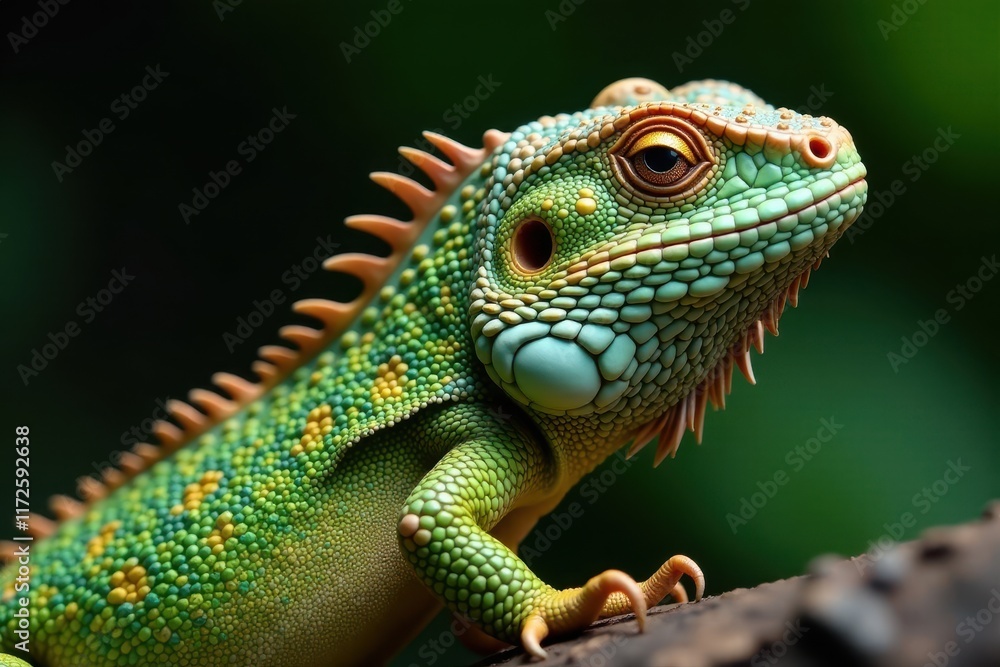 Fototapeta premium Intricate green and brown scales on a lizard's back, nature, skin