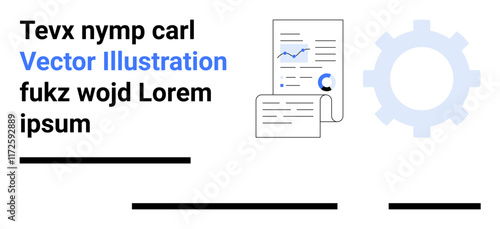 Two documents displaying charts and graphs, a large gear symbol, and placeholder text in black and blue. Ideal for data analysis, reports, technical documents, infographics, presentations, business