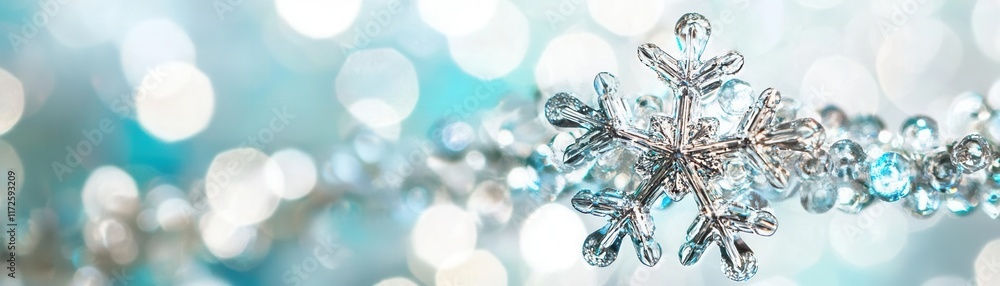 Fototapeta premium Winter wonderland snowflake close-up abstract background shimmering bokeh magical atmosphere