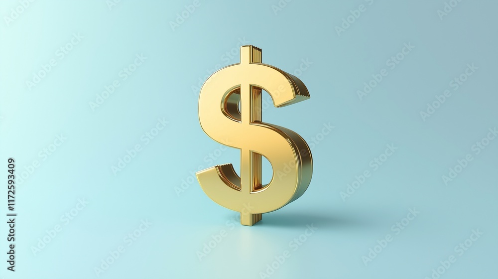 Golden dollar sign in a sleek 3D design with sharp edges, placed on a gradient pastel background transitioning from light blue to white Golden dollar sign in a sleek 3D design with sharp edges, placed on a gradient pastel background transitioning from light blue to white