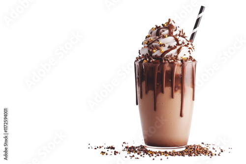 A creamy chocolate milkshake topped with whipped cream and chocolate drizzle, served in a tall glass with a straw. photo