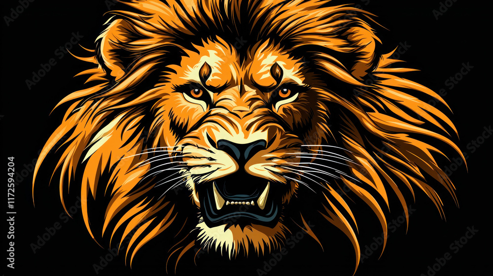 Roaring lion head close-up on black background, fierce expression, potential mascot