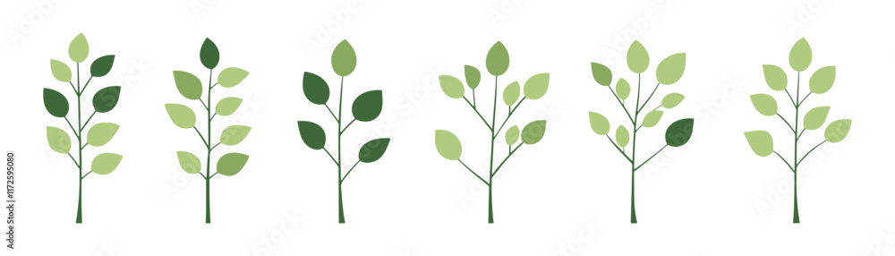 Set of tree and leaf collection hand drawn flat design vector element. botanical set of bare trees and ones with leaves and lush green Set of tree and leaf collection hand drawn flat design vector element. botanical set of bare trees and ones with leaves and lush green