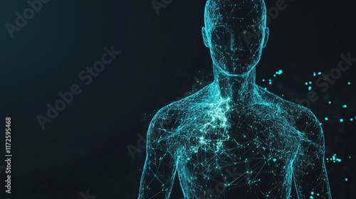 Glowing blue digital human body model isolated on a black background