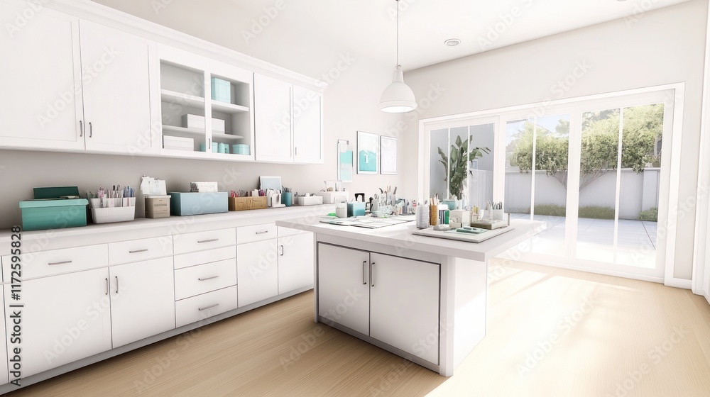 Fototapeta premium Modern kitchen with white cabinetry and organized workspace.