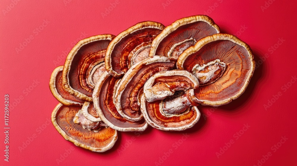 Fototapeta premium Artistic view of Reishi mushrooms arranged on a vibrant red background, photographed with soft lighting for a natural look.