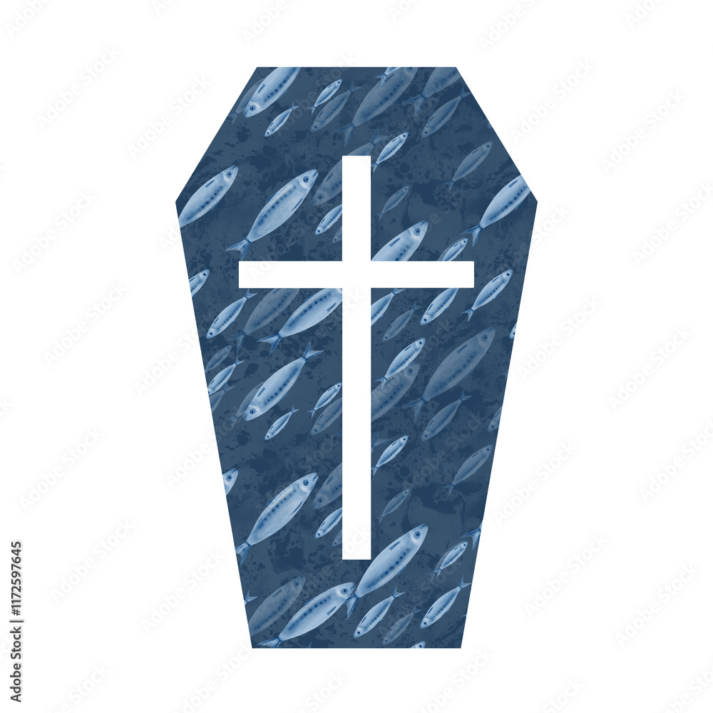 Obraz premium Catholic cross on the silhouette of the coffin with sardine fish pattern in honor of the sardine funeral festival in Spain.Watercolor hand-drawn clipart on transparent background for print production