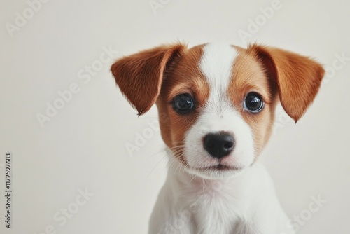 Playful puppy with expressive eyes and unique fur pattern, exudi photo