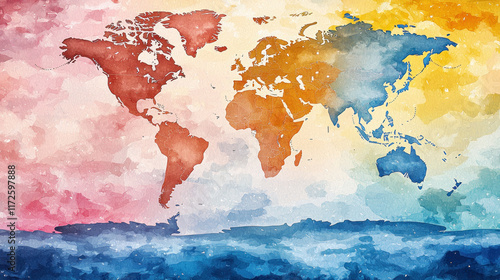 Watercolor world map on cloudy sky background for educational or decorative use