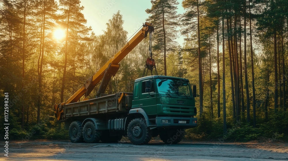 Crane truck lifting wood in forest at sunset: industrial logging operations Crane truck lifting wood in forest at sunset: industrial logging operations