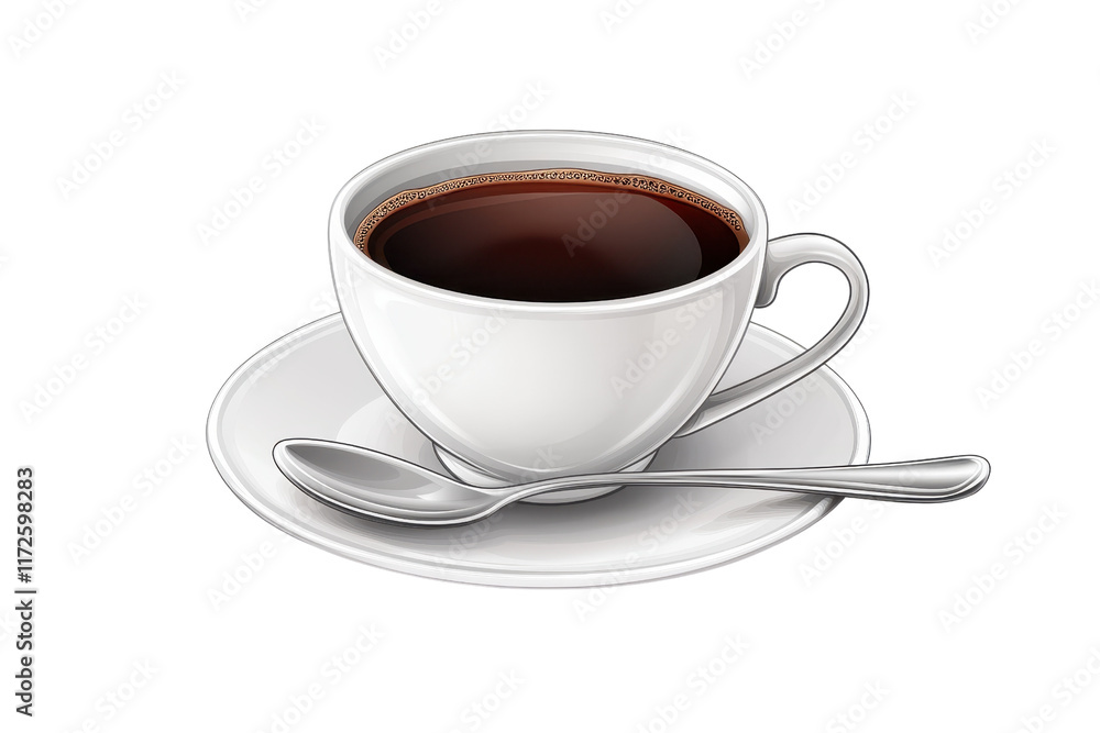 A white coffee cup filled with dark coffee, accompanied by a saucer and a silver spoon. A white coffee cup filled with dark coffee, accompanied by a saucer and a silver spoon.
