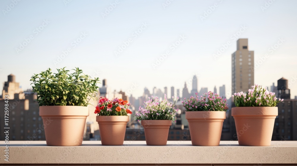 Fototapeta premium A serene rooftop garden with terracotta pots filled with vibrant flowers, set against a backdrop of a city skyline.