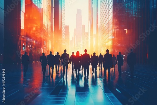 A group of people walking down a city street at sunset. The people are wearing suits and ties, and the street is wet from rain. Scene is somber and reflective