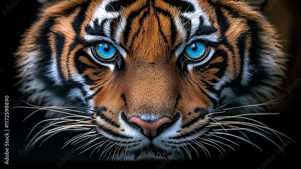 Naklejka premium A majestic tiger with striking blue eyes gazes intently, showcasing its powerful features and vibrant orange fur against a dark background.
