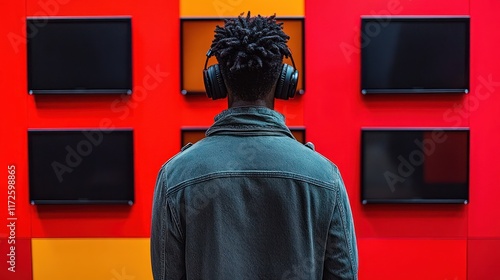 Man with headphones facing screens, urban setting, technology display.