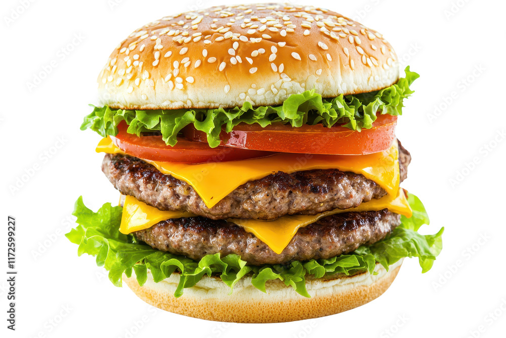A large, stacked hamburger with sesame seed bun, featuring two beef patties, melted cheese, fresh lettuce, and tomato. A large, stacked hamburger with sesame seed bun, featuring two beef patties, melted cheese, fresh lettuce, and tomato.