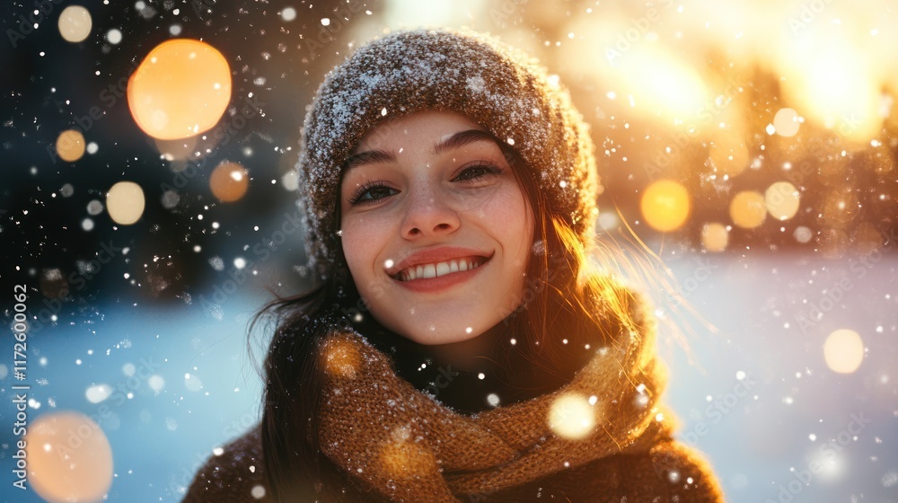 Smiling woman in winter attire, surrounded by falling snow. Smiling woman in winter attire, surrounded by falling snow.
